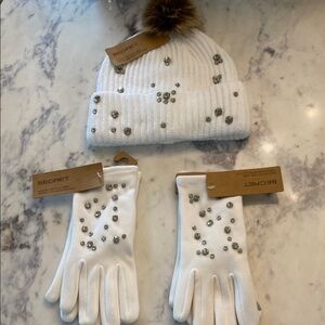 White Beanie and Glove Set with Rhinestones